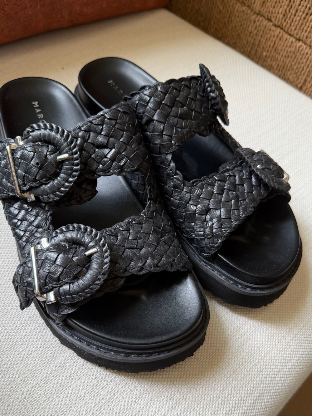 Marc Fisher Black Braided Double-Buckle Slide Sandals